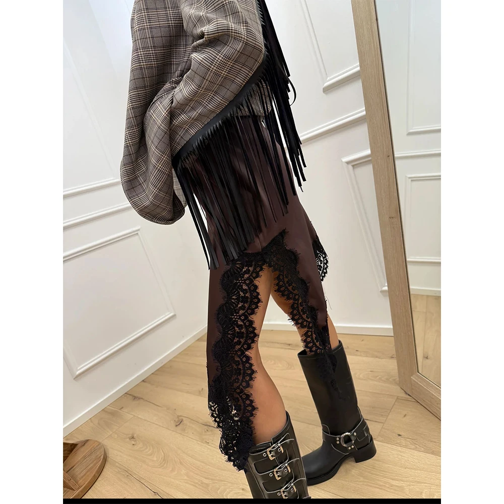 

Elegant Lace-Trim Patchwork Satin Irregular Mini Skirts for Women Summer Retro Fairycore Grunge High Wasit Party Long Skirts