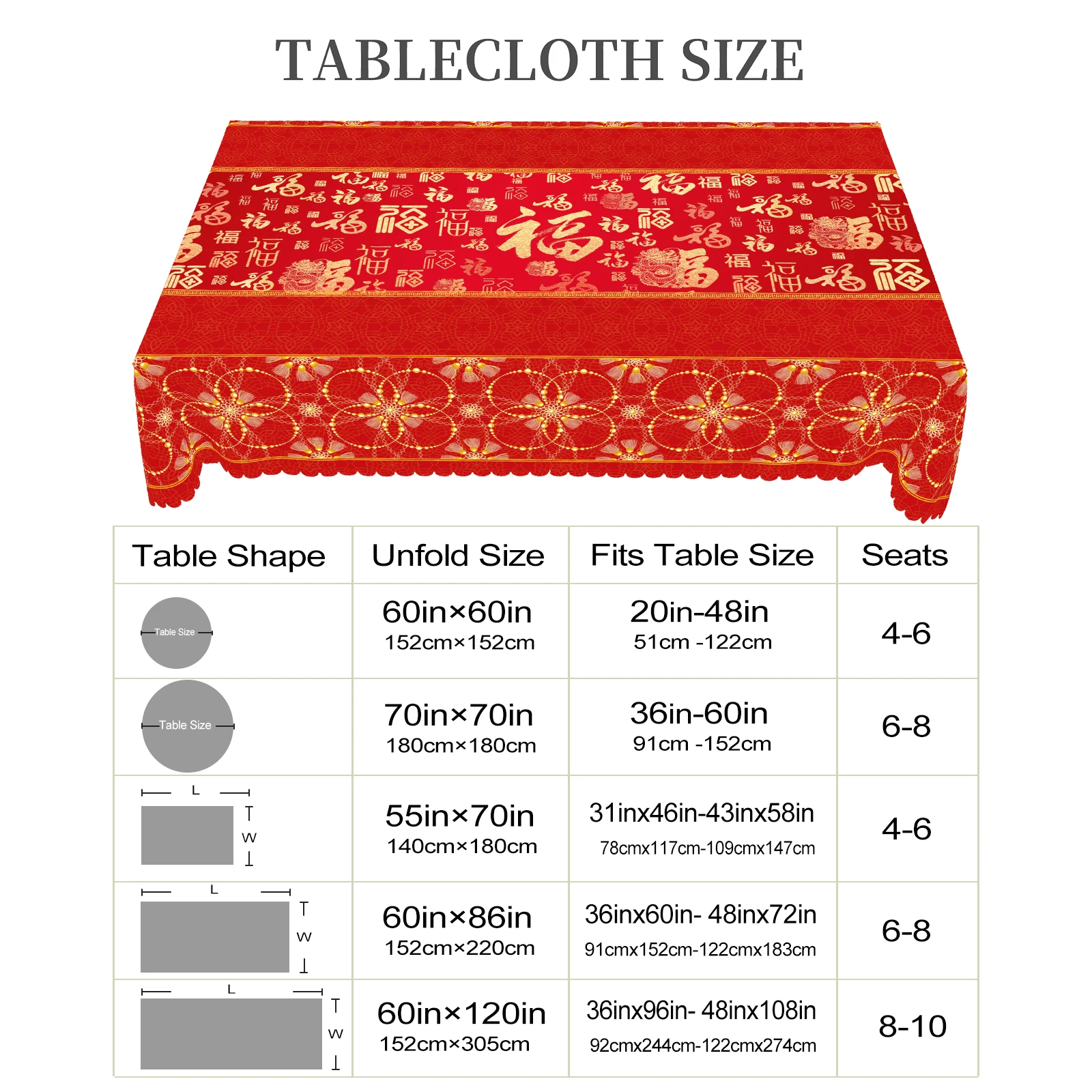1 Piece of Chinese New Year and Spring Festival Decorative Round Tablecloths, 5 Sizes Available, Chinese Knot Printed Square Tablecloths with