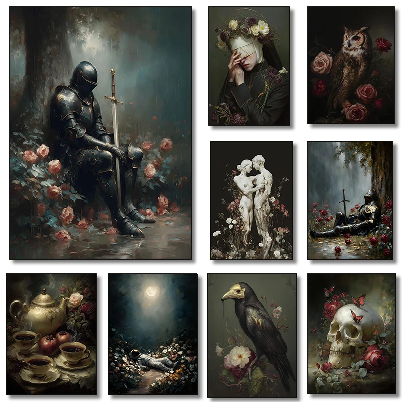 Affiche sur toile, peinture, impression, art mural, image pour le salon, décoration de la maison, Chevalier triste, rose, fleur, crâne, papillon, corbeau, hibou