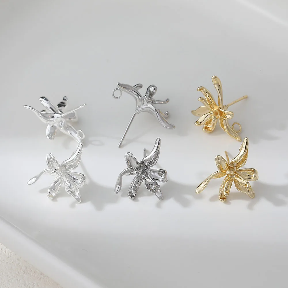 4PCS Dainty Flower Shape Ear Studs Diy Earrings Connectors Jewelry Making Findings Supplies 14k Gold Plated Accessories 19*17mm