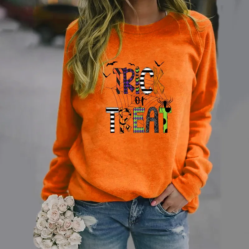 Trick or treat Alphabet Printed Pullover New Fashion Long Sleeve Round Neck Halloween Sweater Halloween Women's Tops