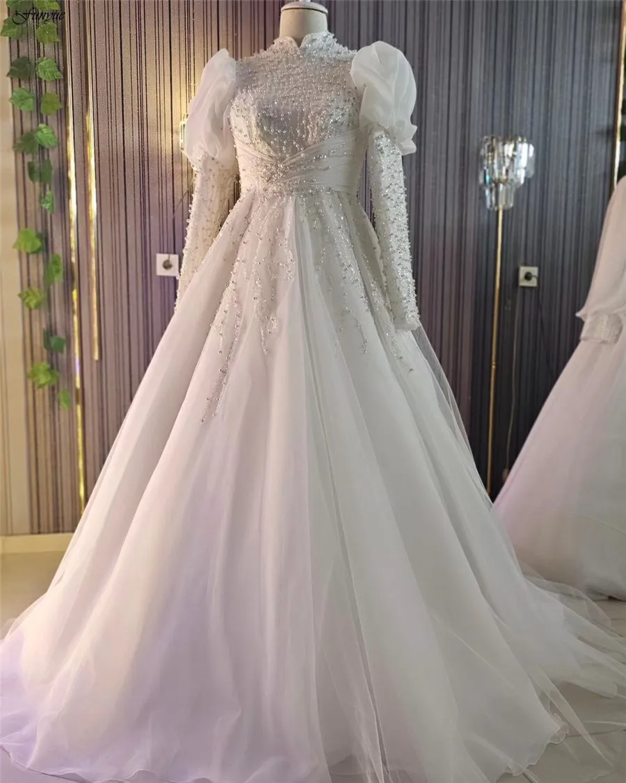 Funyue-vestidos De novia musulmanes De manga larga con cuello alto, vestido De novia modesto con cuentas De perlas, Hijab De Dubái, vestido De novia De tul