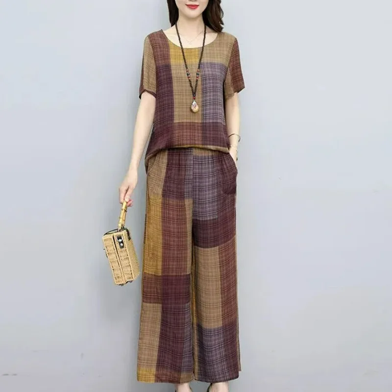 2-delige sets vrouw outfit zomer vintage elegante geruite o-hals korte mouw blouse dames hoge taille losse casual rechte broek