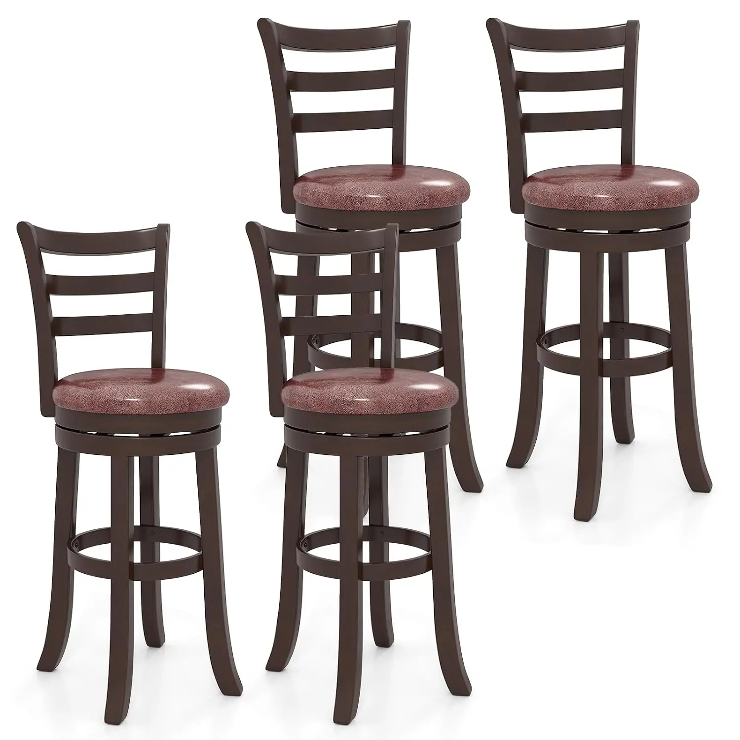 Bar Stools 4-Pack Swivel with Backrest & Faux Leather Seat, Wood Chair with Footrest for Kitchen Dining Pub, 30
