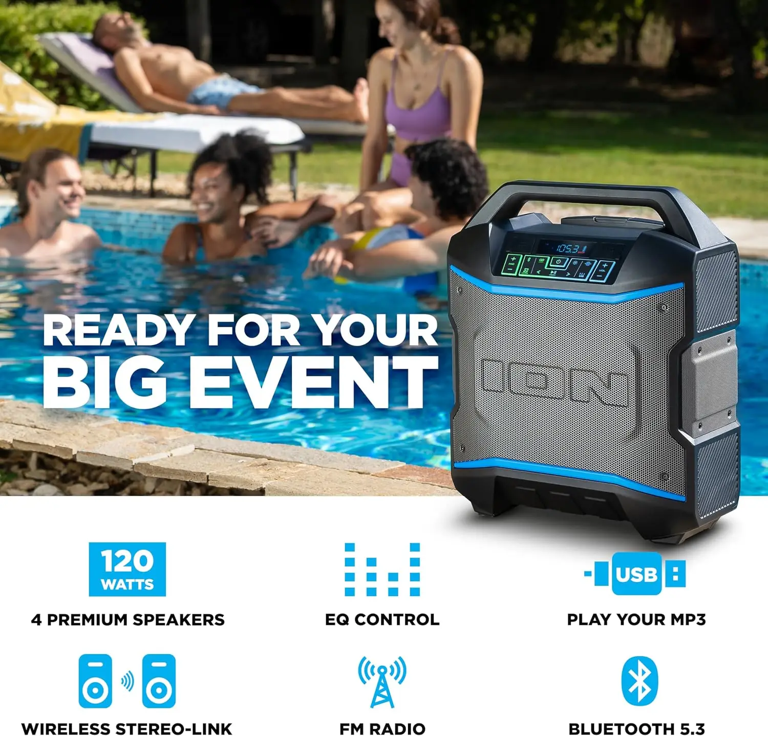 Bluetooth Outdoor Speaker with Wheels – 120W Power, Water-Resistant, Built-in Radio, Karaoke Mic, USB Charging, Stereo Linking, Bass Boost & App Control, Perfect for Parties and Outdoor Events