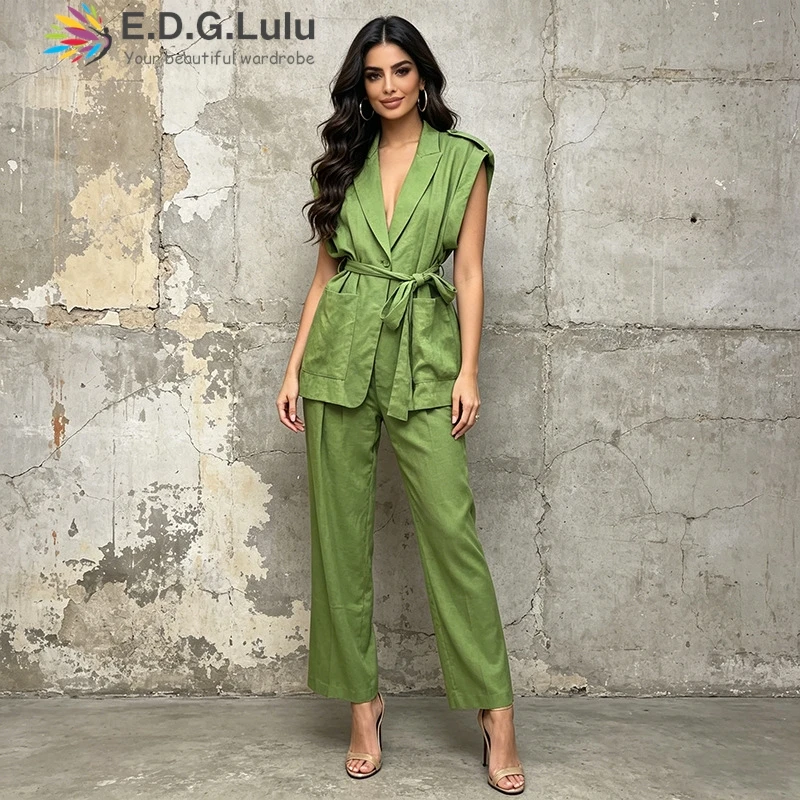 

EDGLuLu Fashion Turn-Down Collar Sleeveless Lace-Up Top+High Waisted Pants Green Women' S Clothes 2 Piece Sets 0612