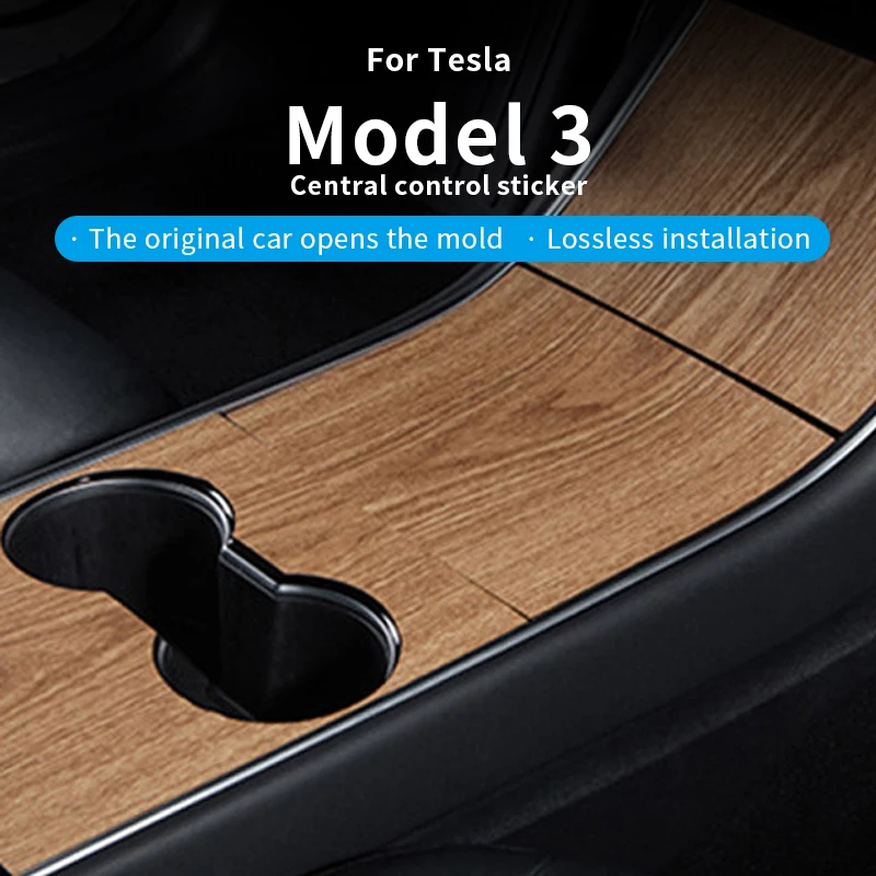 Image of Für Tesla Center Sticker 2017-2020 Model 3 Holz-Mittelkonsolen-Panel Holzmaserungsfilm Zentralsteuerung Armaturenbrett-Abdeckung Aufkleber