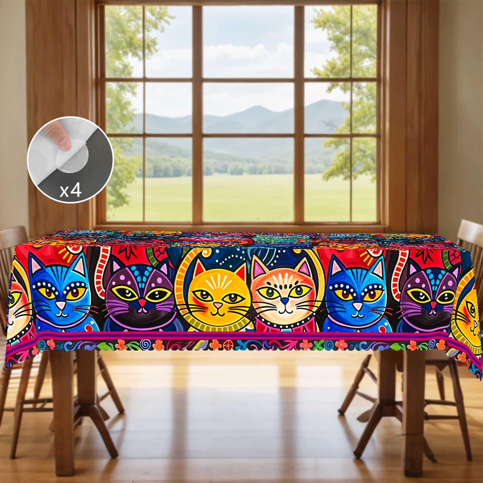 1 Piece, Mexican-Style Cute Cat-Themed Round/Rectangular Tablecloth + 4 Self-Adhesive Stickers, Woven Polyester Material, Bright-Colored Cat and Floral Print Pattern, Embossed Edges, Suitable for Home Kitchen Decoration, Room Decoration, Party Tablecloth, Kitchen Decorative Cloth, Room and Outdoor Personalized Decoration, Perfect Gift, Cafe Decorative Tablecloth, Spring, Summer, Autumn, and Winter Decorative Tablecloth Oo-071