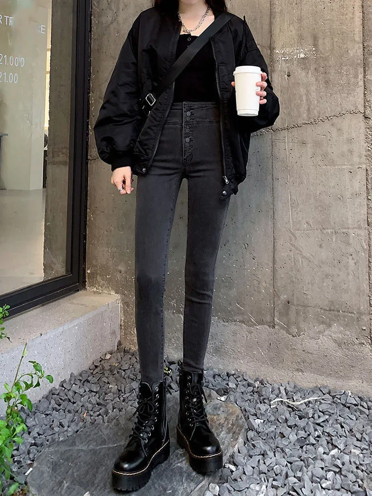 Mode droite maigre taille haute jean Reteo femmes coréen crayon Denim pantalons mince Streetwear Vintage Vaqueros