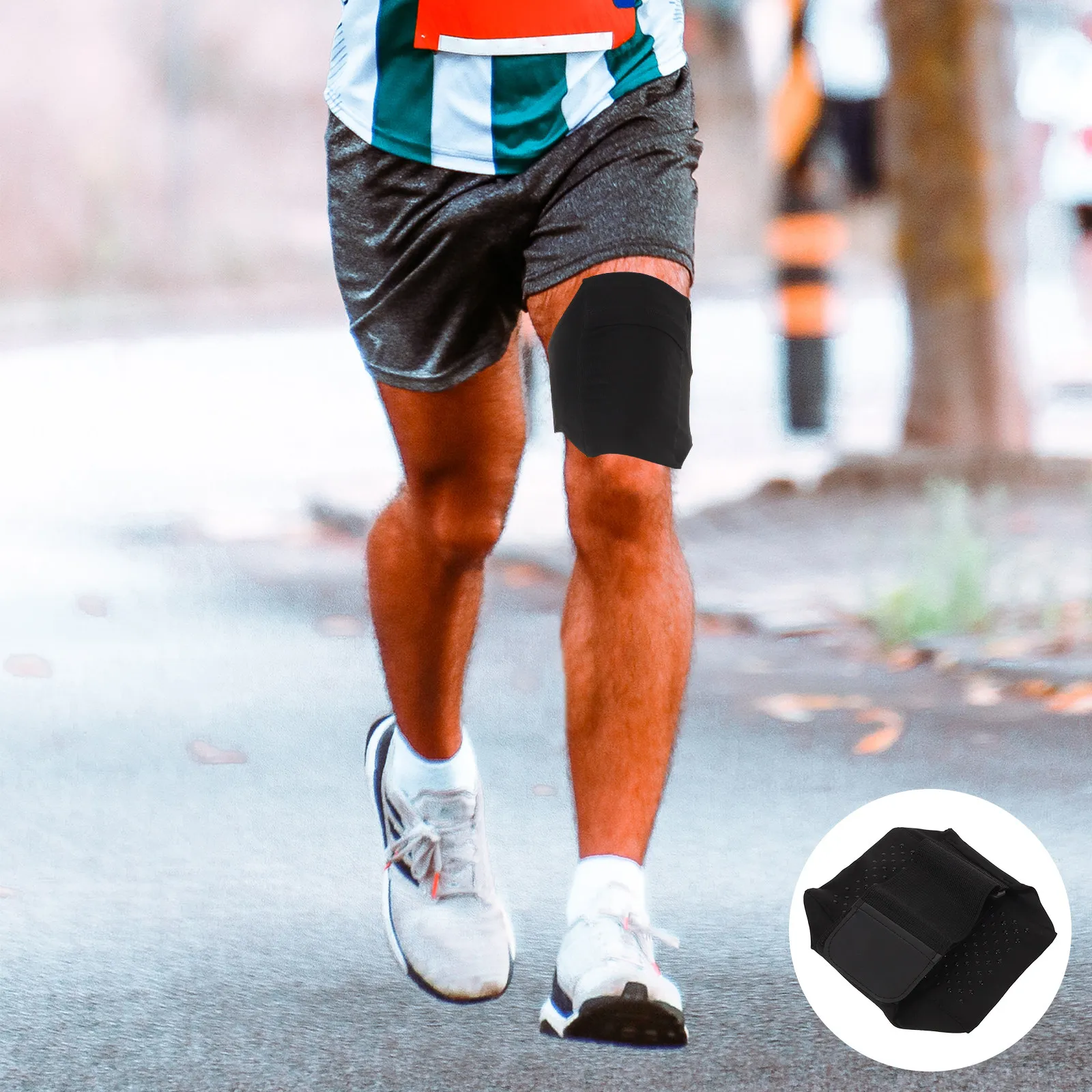 

Men Women Running Leg Band Phone Holder - Black Polyester Exercise Cellphone Belt Pouch for Running Walking Workout Travel
