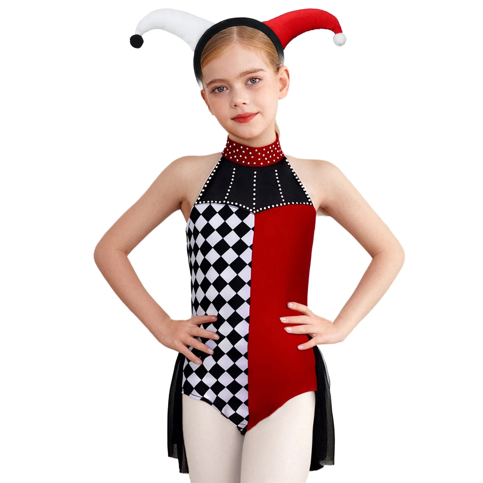 

Костюм циркового клоуна на Хэллоуин для девочек, карнавальная тематическая вечеринка, Джокер, необычный комбинезон, сетчатый трико со стразами и головные уборы клоунов