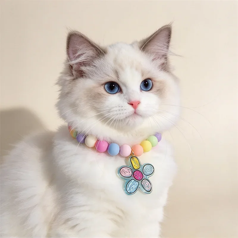 Macaron Frosted Bead Pet Necklace, Colorful Acrylic Charm, Sweet Photo Dress-up Jewelry for Small Cat Dog