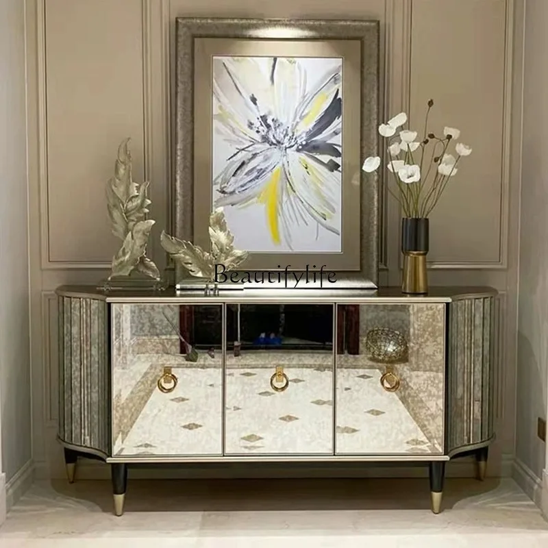 

02 American light luxury dining side cabinet antique mirror solid wood gold-painted decorative storage locker
