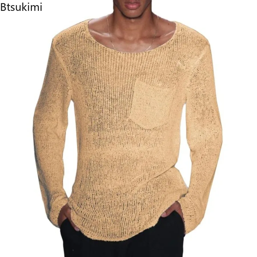 2024 Men's Thin Sweaters Stylish Solid Long Sleeve O-neck Knitted Pullover Sweater Hollow Out Design Loose Casual Knit Tops Male