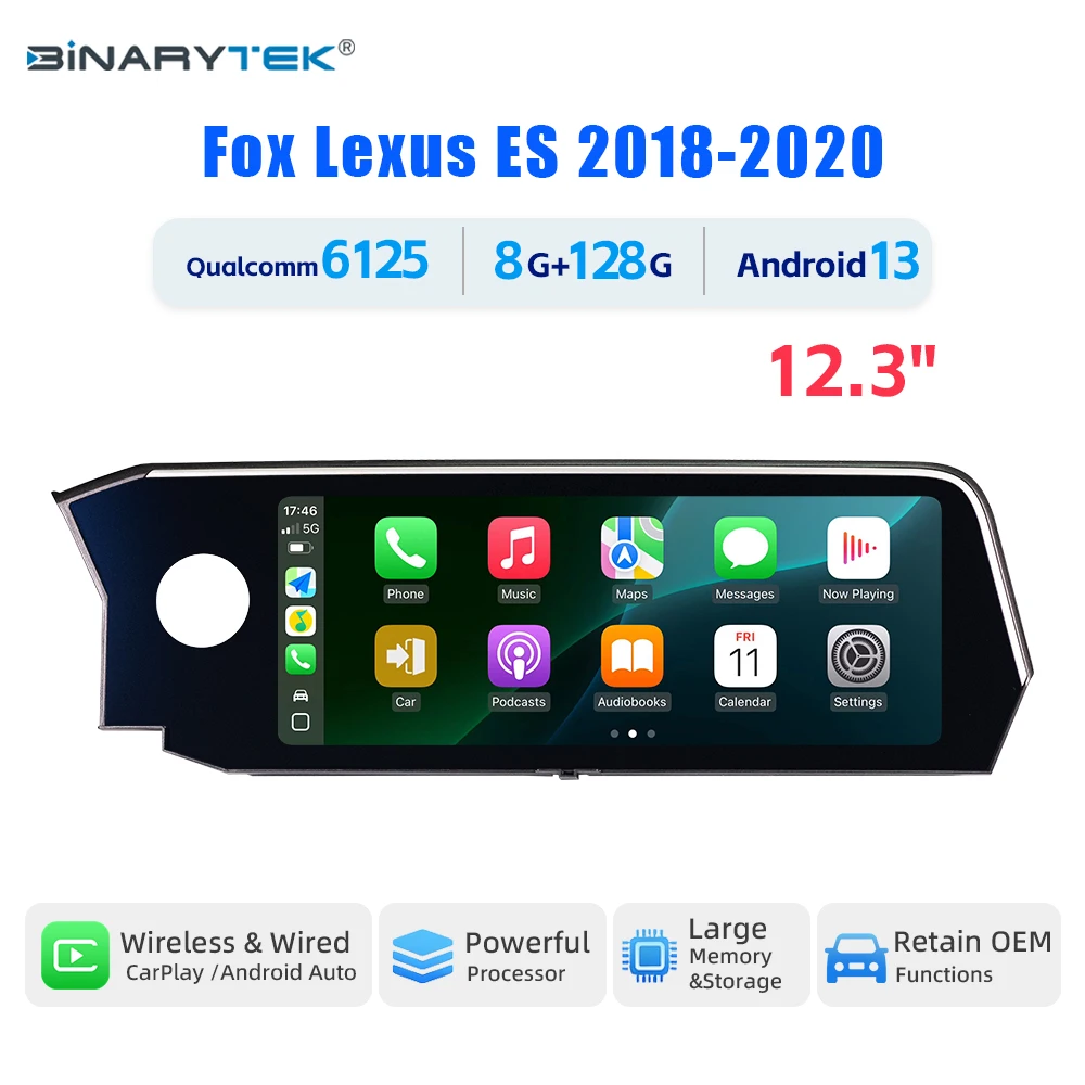 NewLexus ES 2018-2020 Car DVD Player 12.3'' Monitor Android 13 with Wireless CarPlay Android Auto Interface Binarytek