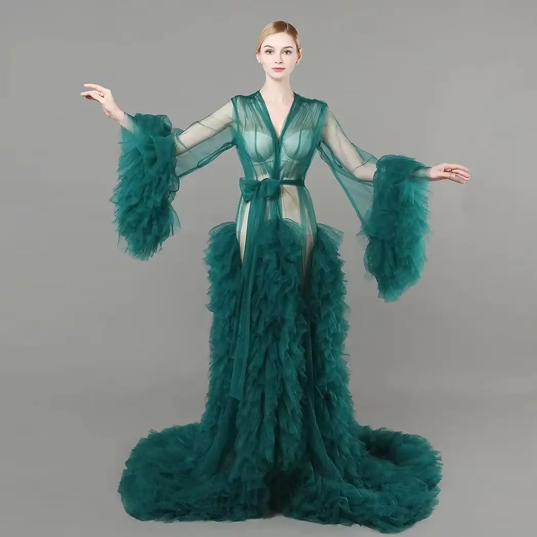 

Elegant Bridal Fluffy Tulle Maternity Robes Custom Made Women Long Dresses Photo Shoot Beach Birthday Party Bathrobe Sleepwear
