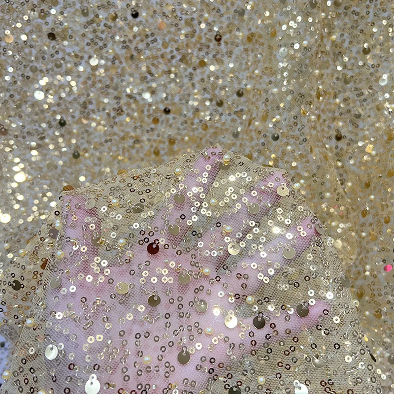 3mm 5mm Dense Sequin Glitter Mesh Sparkle Fabric Stage Costumes Wedding Evening Dresses Embroidered Bead Pearl Lace Material
