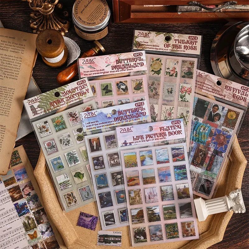 8Pcs European Retro Painting Stamps Shape PET Cut-film Stickers Scrapbook Journal Planner DIY Decal Vintage Style Decoration
