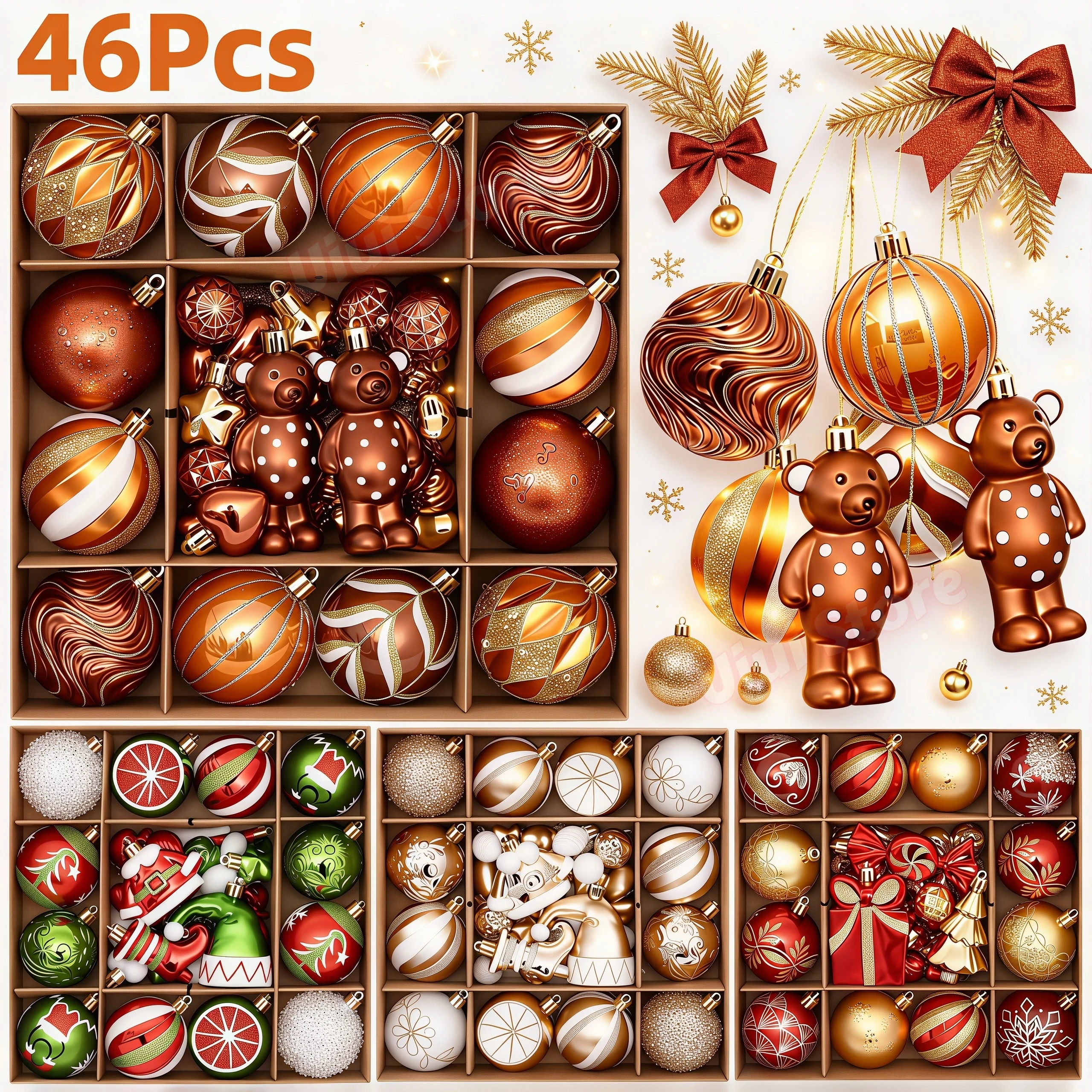 46Pcs Christmas Balls Gift Box Christmas Tree Ornaments Gold Bronze Shatterproof Hanging Ball Pendant New Year Xmas Decorations