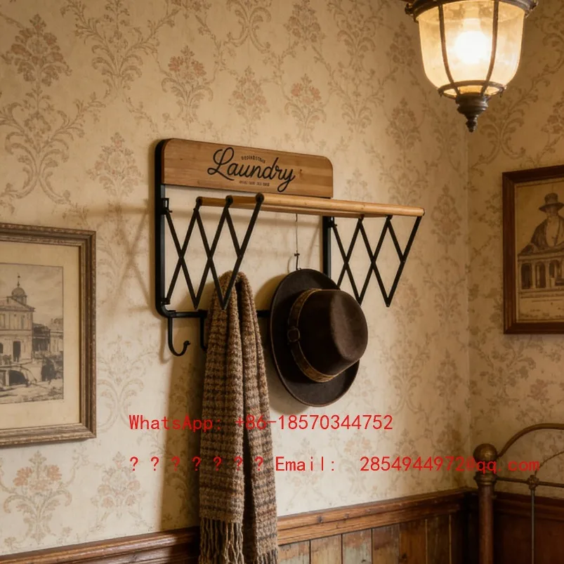 American Retro Iron and Wood Combined with Balcony Garden Drying Rack Bathroom Towel Rack Storage Laundry Room Decorations