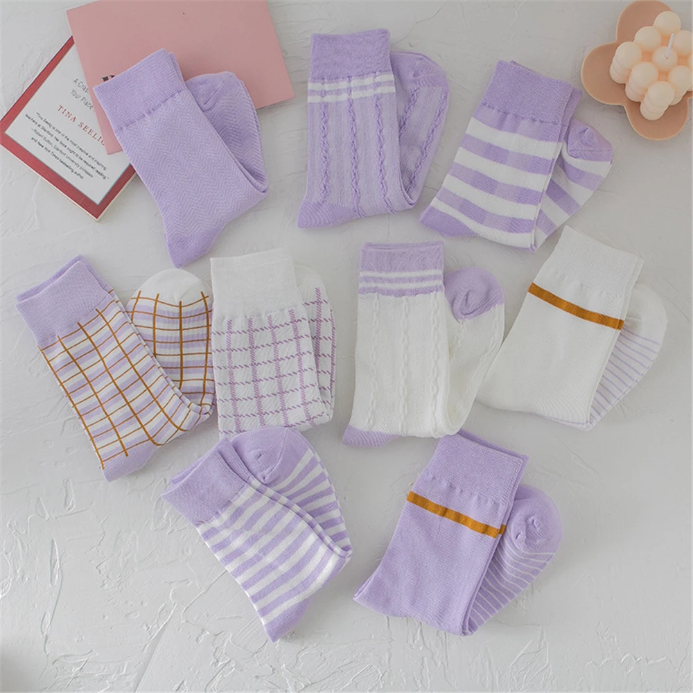 

2 Pairs New Taro Purple Cotton Socks Mori Girl Style Striped Plaid Tube Socks Japanese Korean Chic Short Socks for Summer Tide
