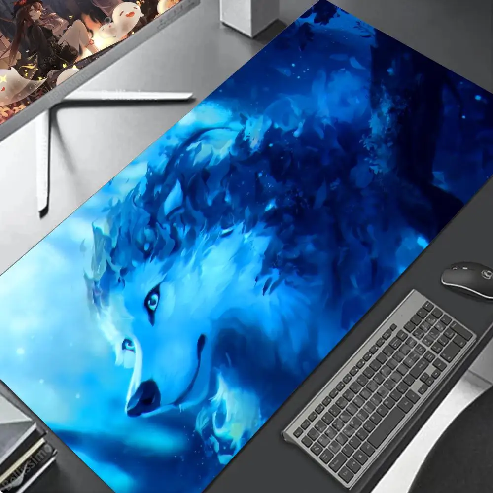 Großes Gaming-Mauspad mit Cartoon-Motiv in Schwarz und Weiß, Wolfskönig-Design, rutschfeste Basis, robust, geeignet für Desktop-Laptop-Schreibtischunterlage