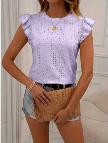 T-shirt élégant et tendance à col rond et bord festonné, grande taille, style décontracté été