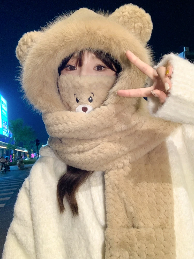 

Hat female bear cute thickened northeast cold gloves scarf integrated warm three-piece set