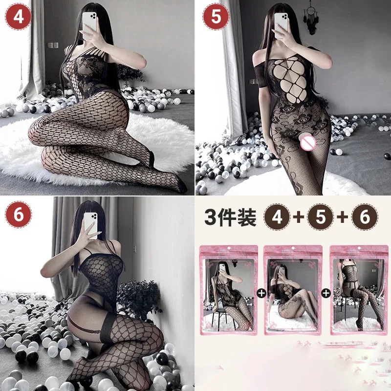 

3Set/Pack Women Sexy Crotchless Erotic Lingerie Fishnet Mesh Bodysuit Female Open Crotch Teddy Hollow Out Bodystockings New