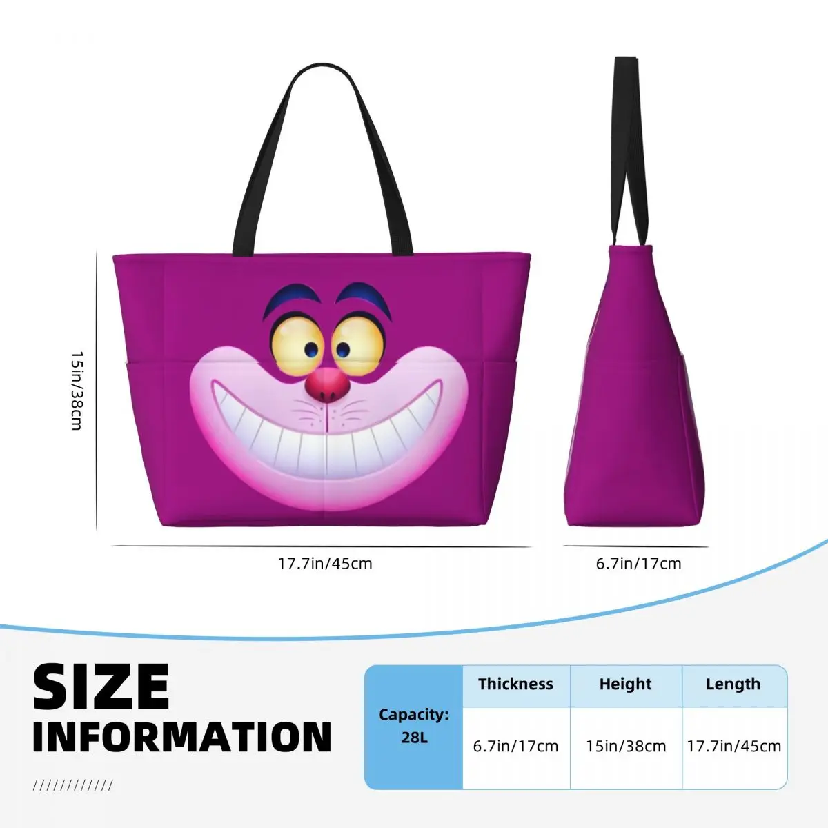 Custom Smiling Cheshire Cat Beach Tote Bag Women Alice In Wonderland Big Compartment Beach Gym Travel Bags