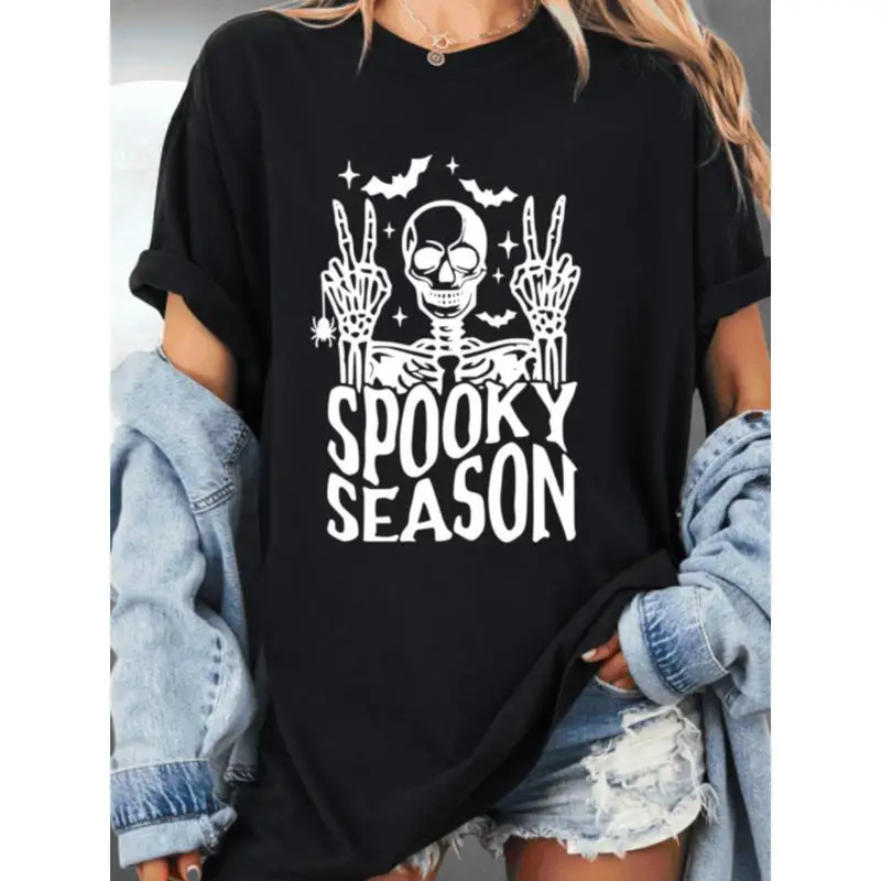 

Spooky Season T-Shirt, Halloween Skeleton Peace Sign Graphic Tee, Unisex Funny Ghostly Bats Trick or Treat Party Top