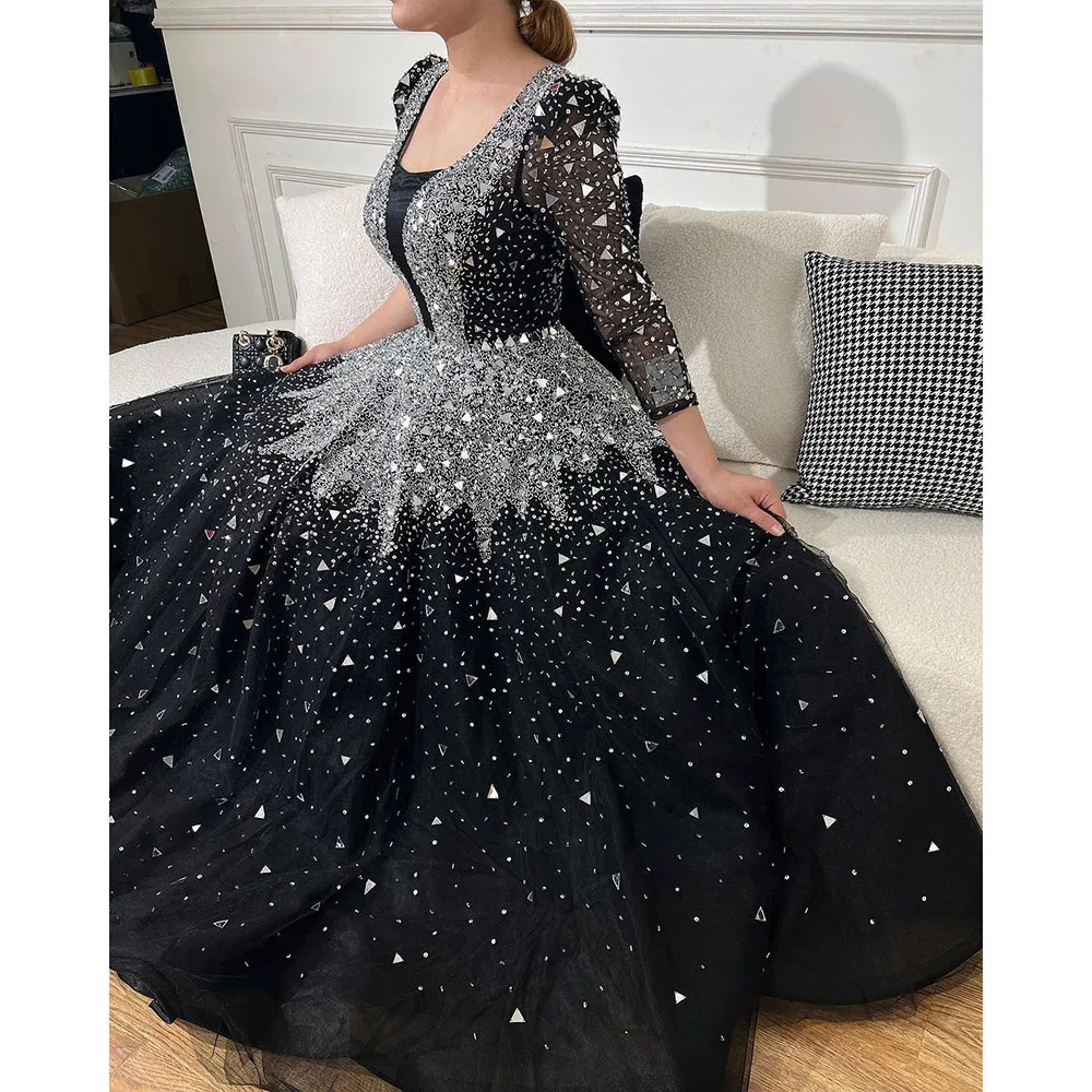 Serene Hill Muslim Black A-Line Evening Dresses Gowns 2024 Sequined Beaded   Party LA71214 Customized