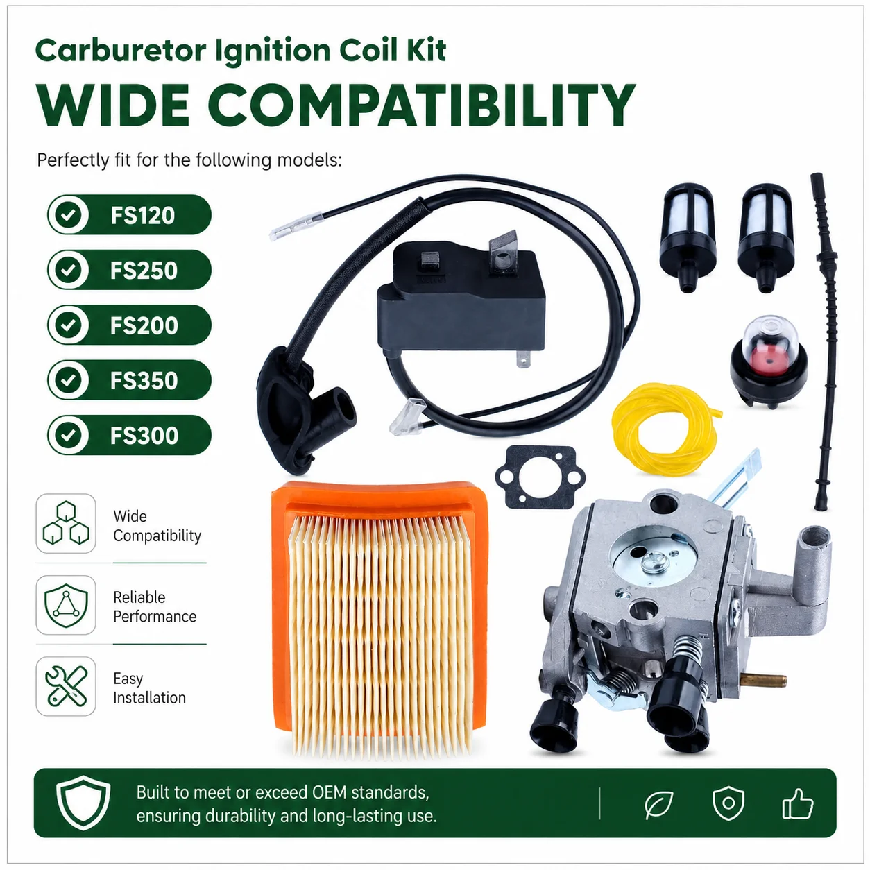 Ignition Coil Carburetor Kit For Stihl FS120 FS250 FS200 FS350 FS300 Trimmer, Fuel Hose Gasket Air Filter OEM 4134 120 0603 Kit