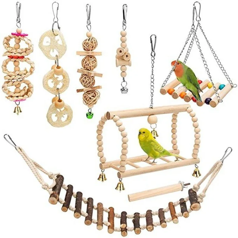 

8PCS Set Parrot Toy Swing Wood Articles Bite Pet Bird Toys Starling Bird Cage Pendant Bird Supplies Climbing Parrot Training