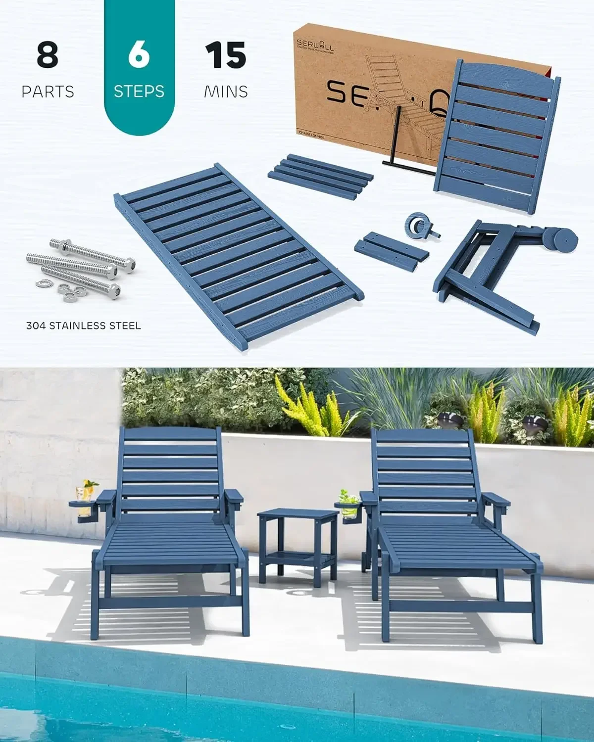 Espreguiçadeira para pátio, conjunto de 2,5 posições, espreguiçadeira ajustável ao ar livre para piscina, espreguiçadeira de plástico com rodas giratórias