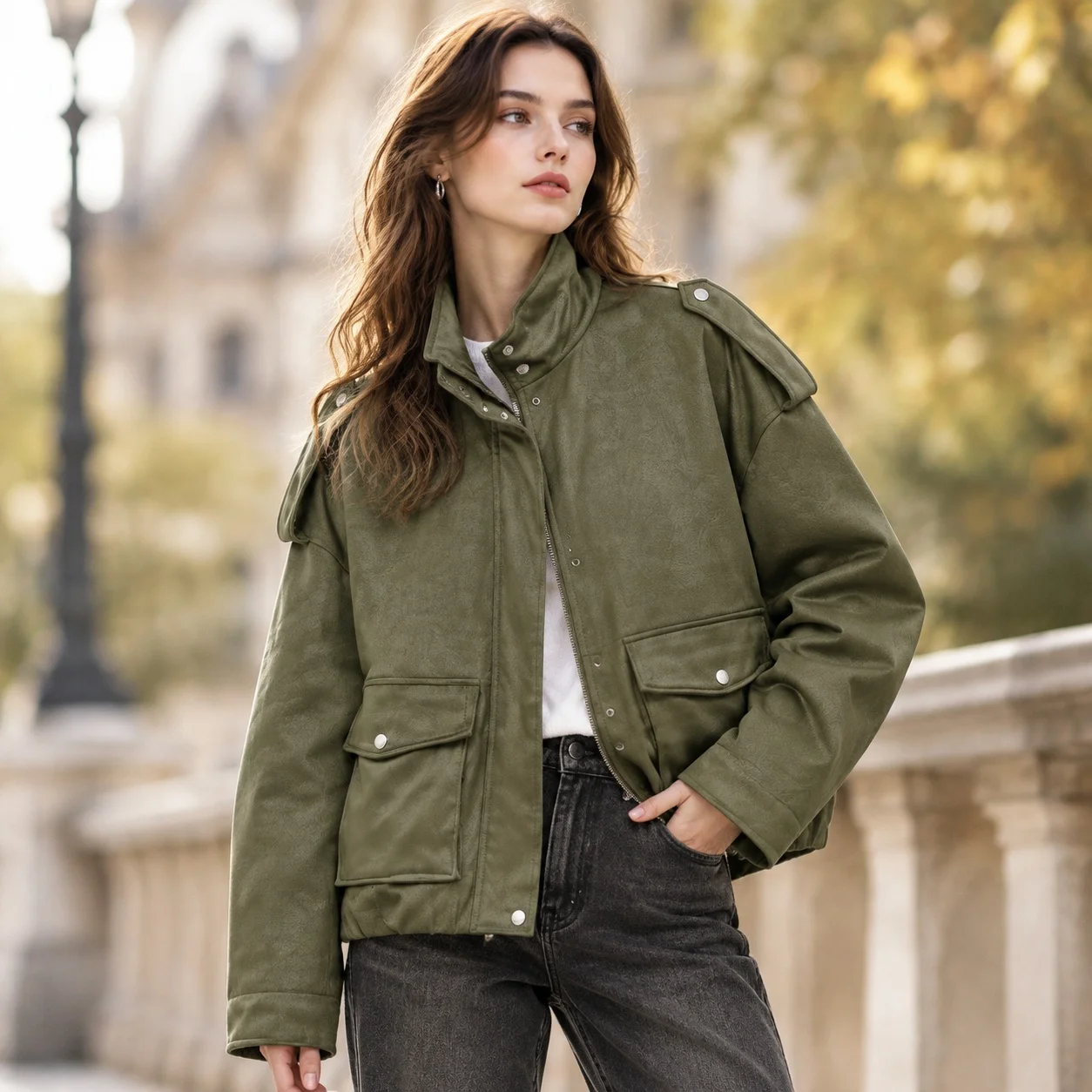 Collar Coat Loose Fit Elegant with Retro Patchwork Regular Length Long Sleeves Artistic Vintage Zipper Front Jacket Women Jacket