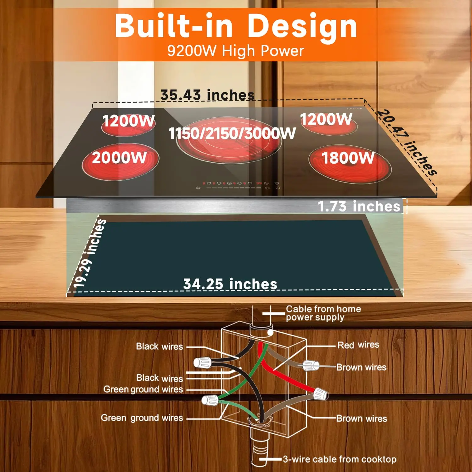 โนกซ์ตันเตาไฟฟ้า 36 นิ้ว 5 หัวเตา, เตาไฟฟ้าในตัว 9200W, องค์ประกอบสามตัว, ตัวจับเวลา, ล็อคเด็ก, 220-240V แข็ง