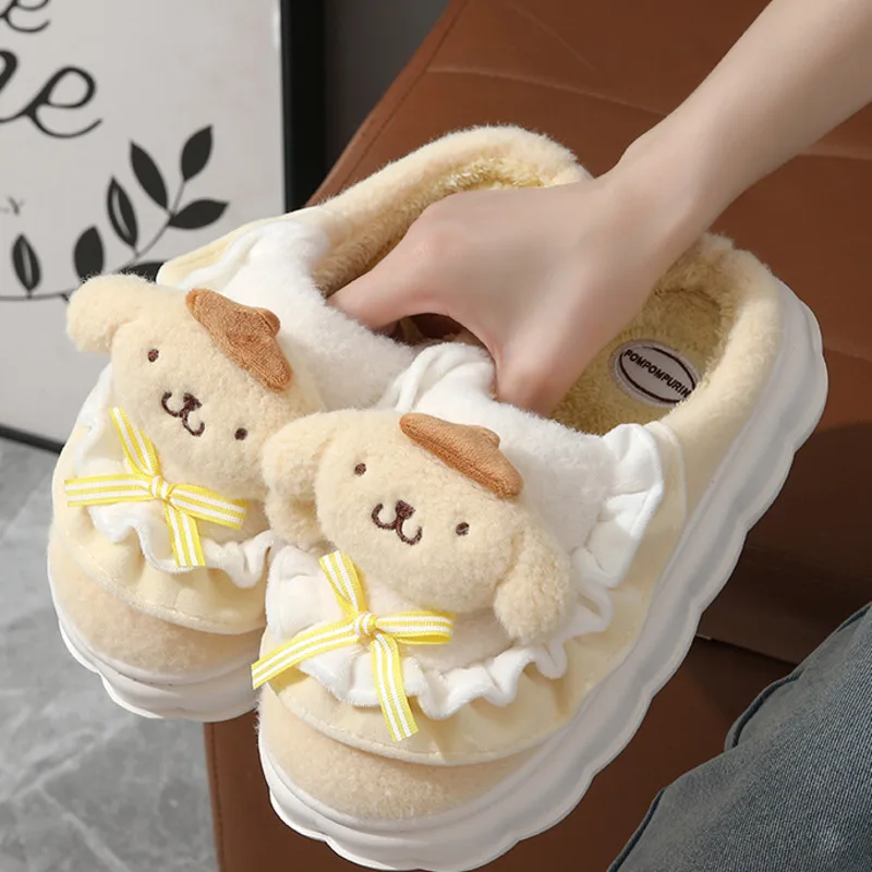 Sanrio Cartoon Hello Kitty Slippers My Melody Kuromi Cinnamoroll Cotton Shoes Women Winter Warm Thickened Cotton Kawaii Shoes