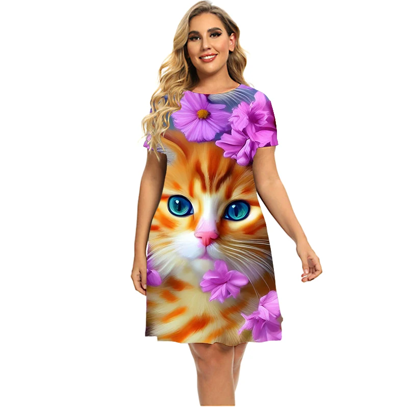 Gaun Wanita Gambar Cetak 3D Kucing Lucu Gaun A-Line Lengan Pendek Pesta Kasual Manis Gaun Longgar Ukuran Plus Musim Panas Pakaian Mode 6XL