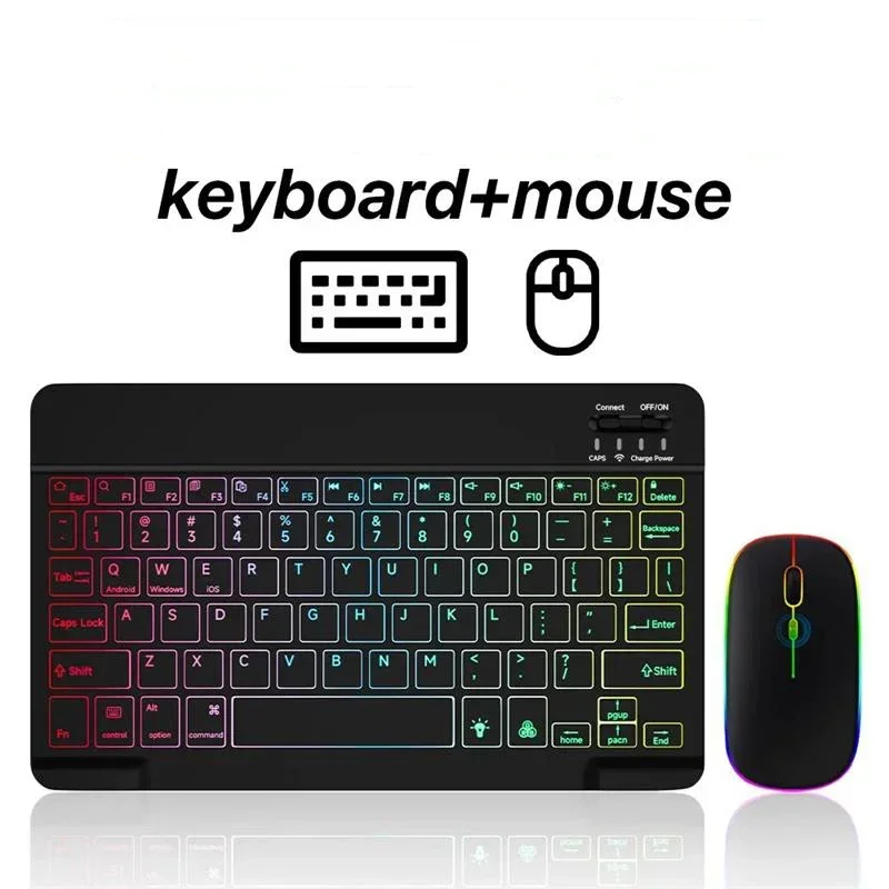 Teclado retroiluminado arco-íris compatível com Bluetooth, Mouse sem fio, Tablet, Android, iOS, Windows, iPad, Telefone