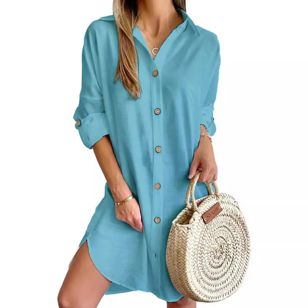 Abito camicia casual a maniche lunghe primavera autunno 2024 Abito camicia con bottoni bavero Abito da ufficio da donna ampio e confortevole stile pendolarismo