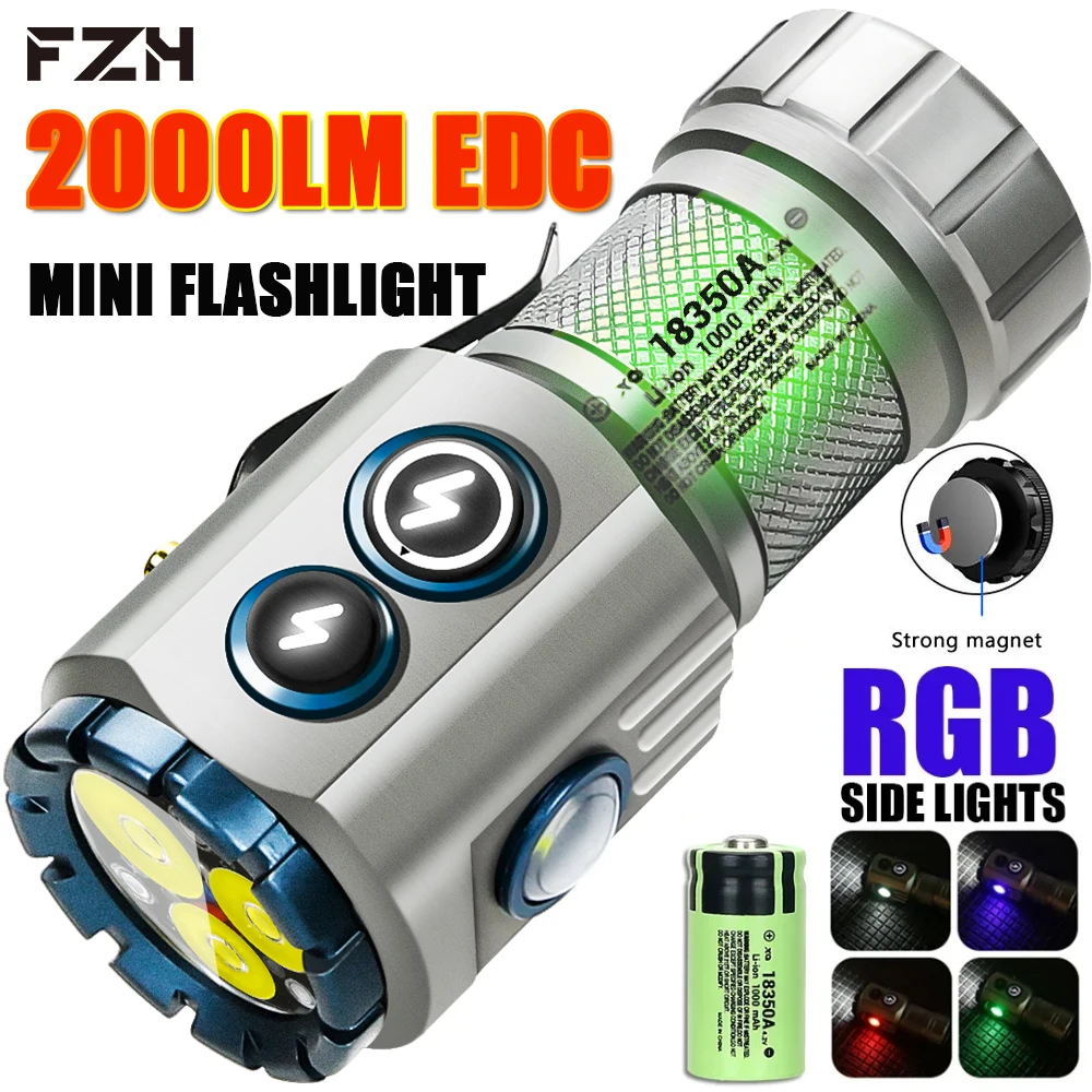 3 Led Edc Zaklamp 2000 Lm Usb Oplaadbare 18350 Zaklamp Rgb Zijlamp Waterdicht Met Magneet Clip Voor Vissen Camping Lantaarn