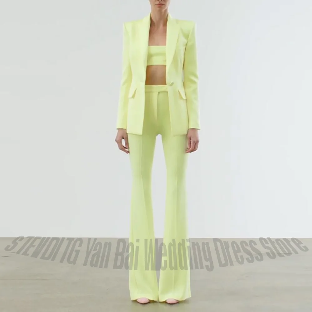 Light Yellow 2 Piece Women Suit Set Single Button Slim Fit Solid Color Elegant Office Lady Party Wedding Guest Matching Outfit
