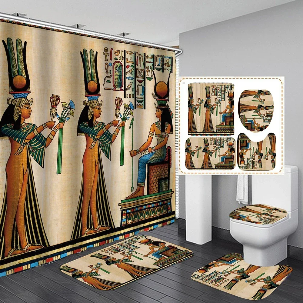 Ancient Egyptian Women Shower Curtain Set Polyester Fabric Bathroom  Bathtub Decor Retro Design Carpet Cover Toilet Mat