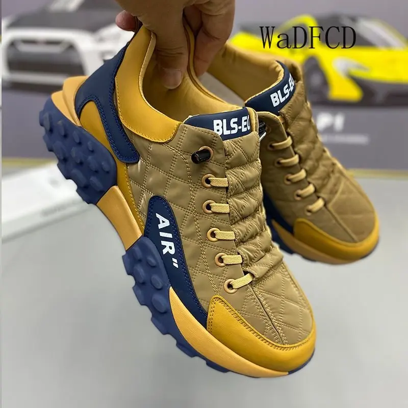 Chunky Sneakers Men Soft Sole Running Shoes Fashion Casual Leather Fabric Breathable Height Increased Flat Platform Board Shoes