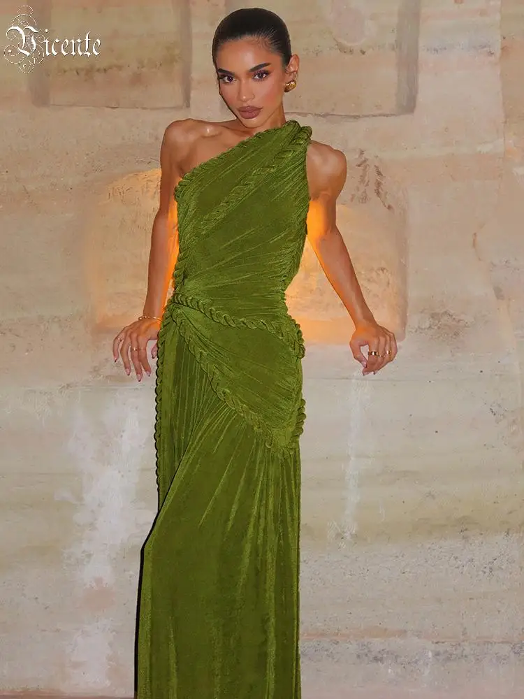 

VC Women One Shoulder Velvet Maxi Dress With Twist Rope Detail Elegant Resort Vacation Gown Trendy Sleeveless Long Dress