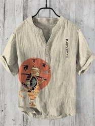 Camisa con cuello en V pequeño para hombre, camisa con estampado de arte japonés de gato, camisas casuales, top elegante y cómodo, Verano