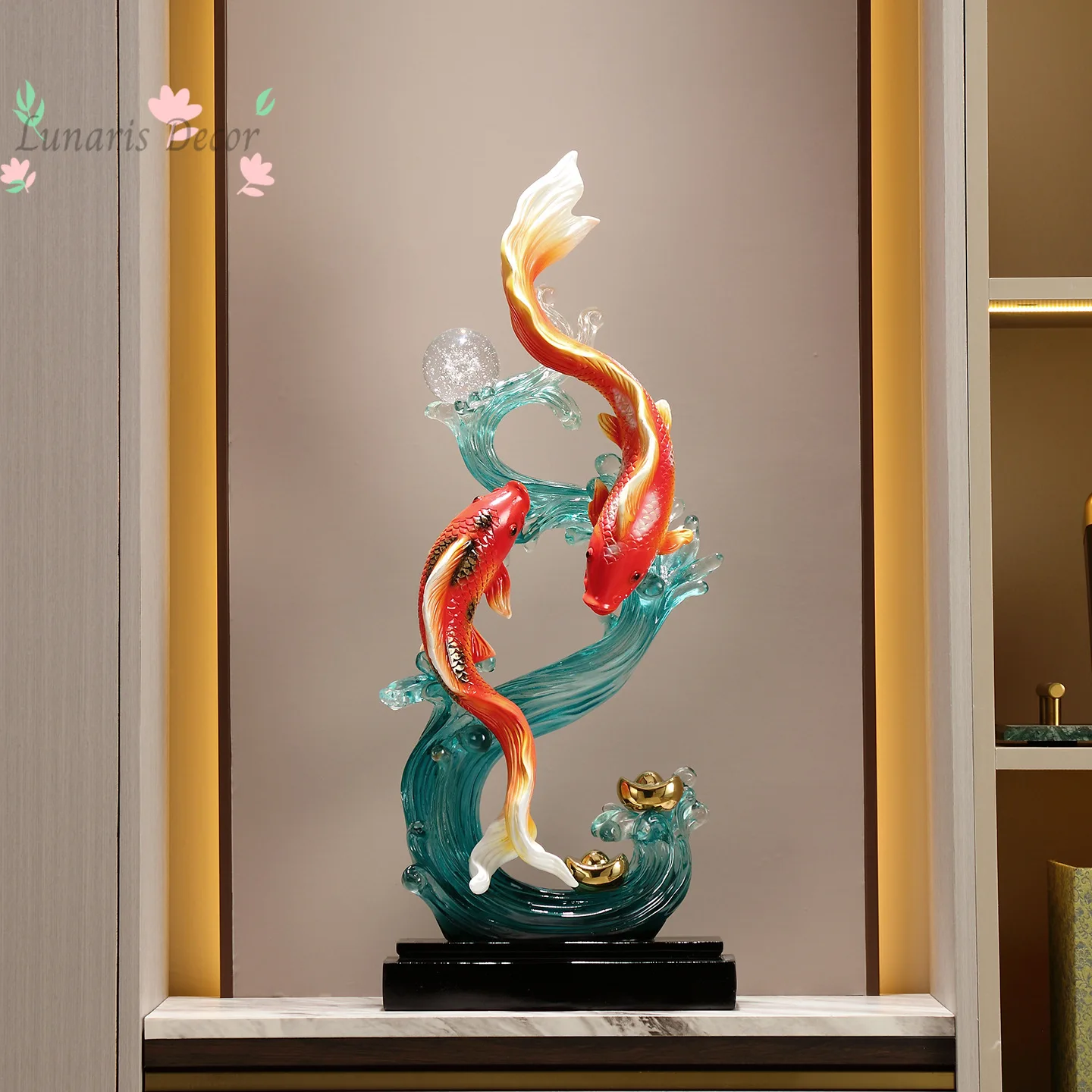 Lucky Koi Fish Feng Shui Statue with Crystal Ball & Gold Ingot Wealth Symbol Home Decor