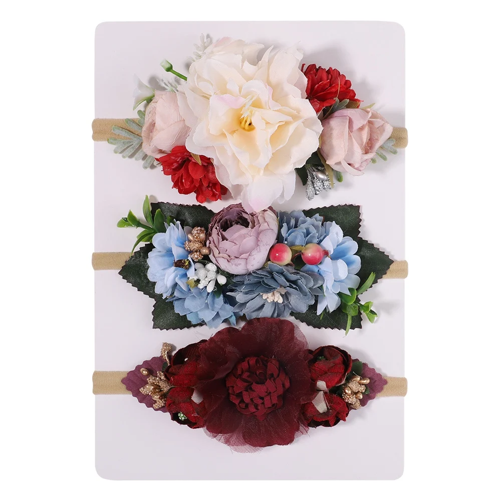 3-teiliges künstliches Blumen-Stirnband für Babys, süße Hochzeit, Haarband-Set, Blumenmuster, Kleinkind, elastisches Nylon, Kopfbedeckung, Zubehör