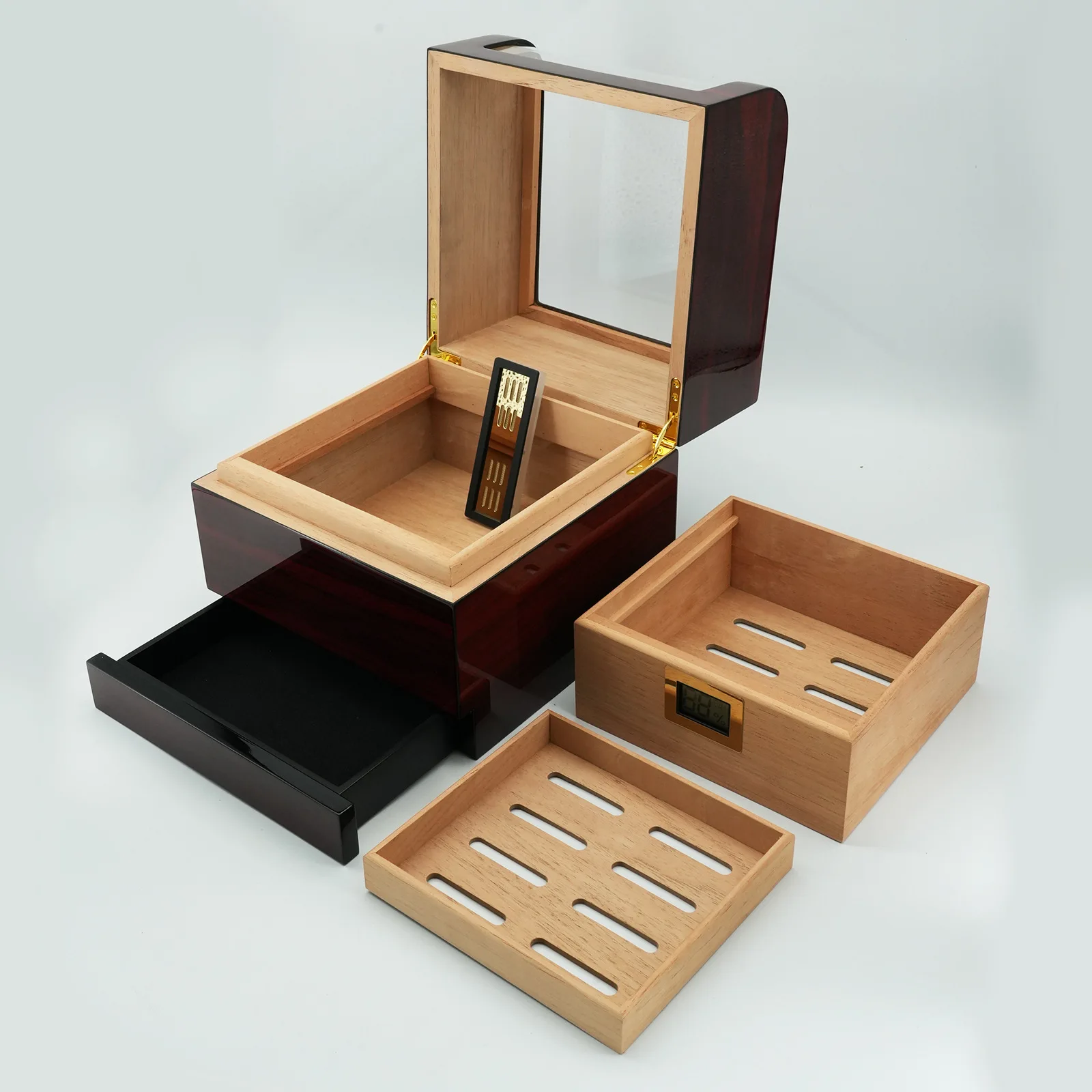 Cigar Cabinet Mellow Cedarwood Cigar Humidor Stylish Curved Ebony Light Luxury Model